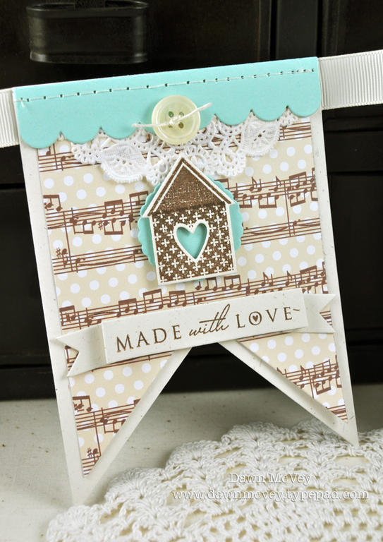 Paper: rustic cream, aqua mist, Sweet Symphony<br />
Stamps: Love Lives Here<br />
Ink: dark...