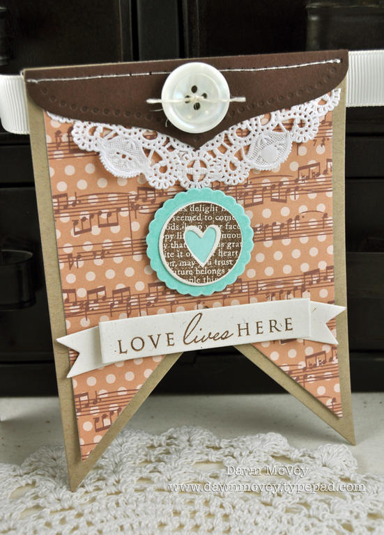 Paper: rustic cream, kraft, dark chocolate, aqua mist, Sweet Symphony<br />
Stamps: Love Lives...