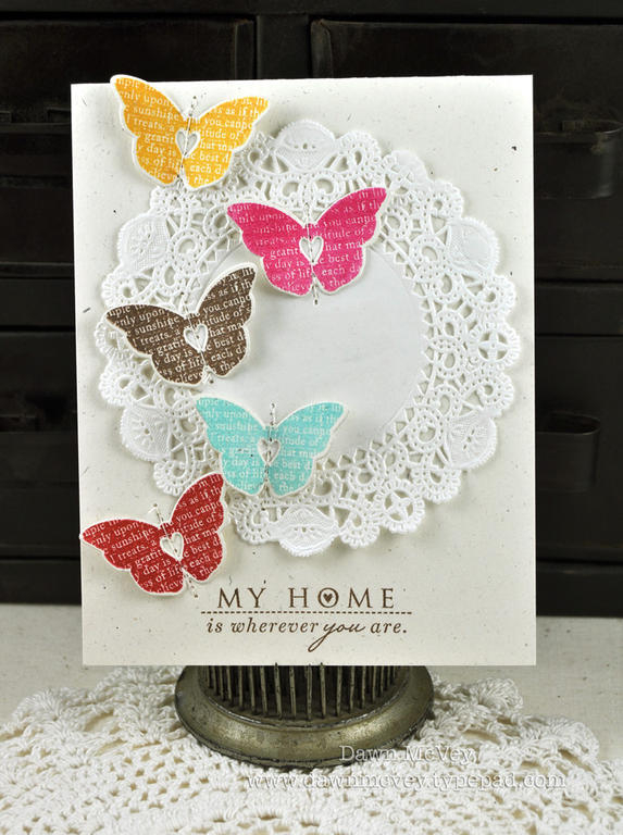 Paper: rustic cream<br />
Stamps: Love Lives Here<br />
Ink: dark chocolate, summer sunrise,...