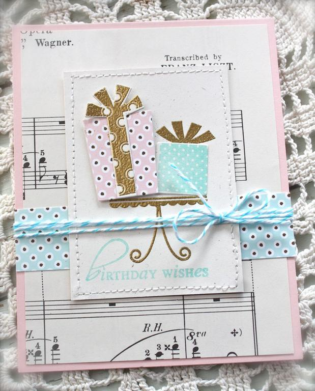 Stamps:Make A Wish<br />
Ink:Versamark, Aqua Mist<br />
Paper:Happy Spots, Rustic White, Sweet...