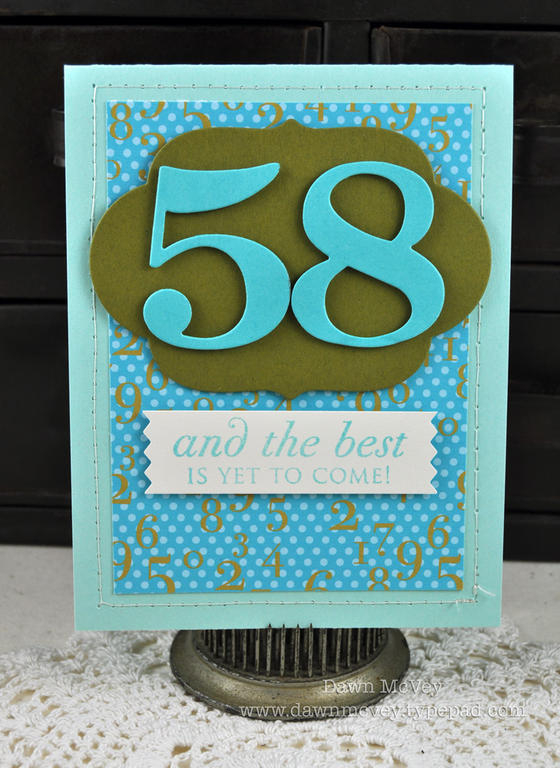 Paper: aqua mist, hawaiian shores, ripe avocado, vintage cream<br />
Stamps: Big Birthday...