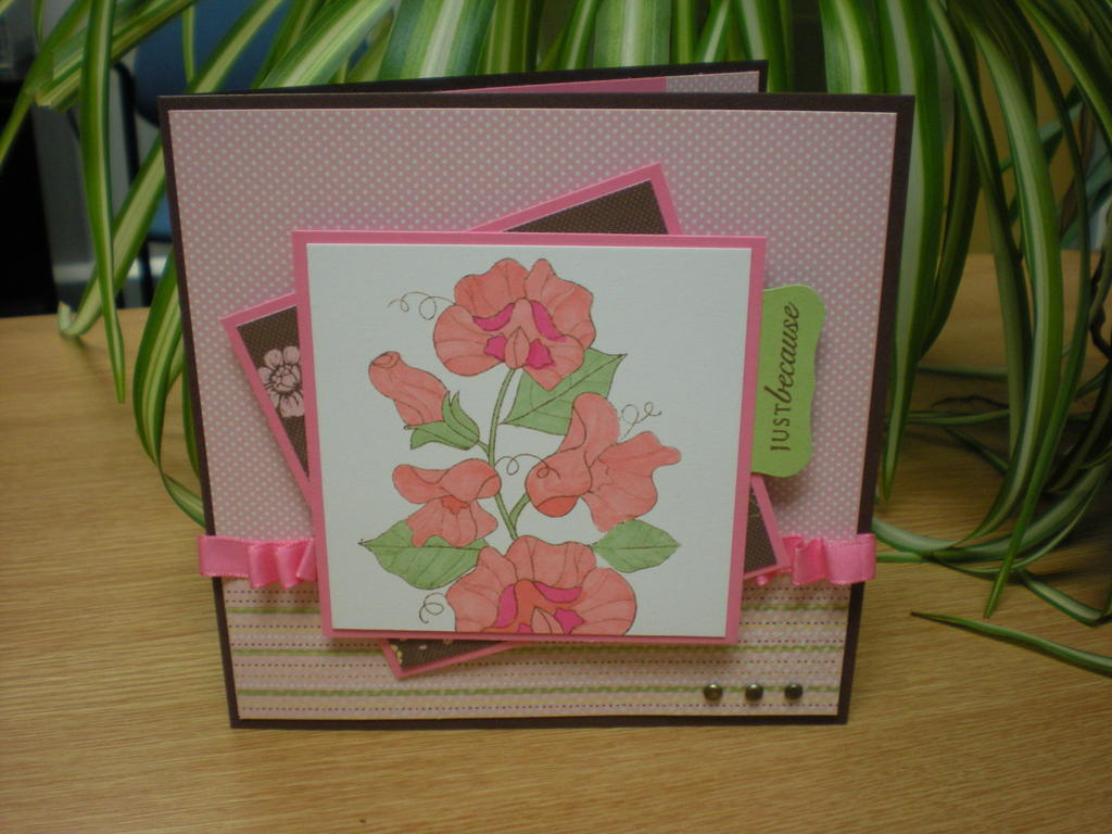 Sweetpea Mojo<br />
<br />
Stamps:  Year of Flowers - Sweet Peas, Sentiment from Round and...