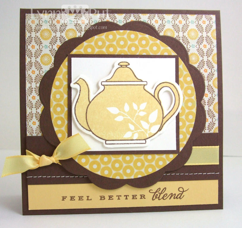 Supplies: Tea for Two, Teapot die, My Minds Eye designer paper, Nestie, Ribbon, Stitching.<br />...