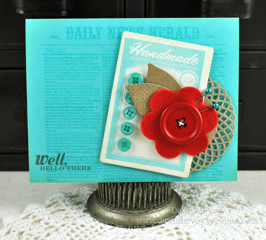 Paper: hawaiian shores, rustic cream, kraft<br />
Stamps: Background Basics: Newsprint, Hello,...