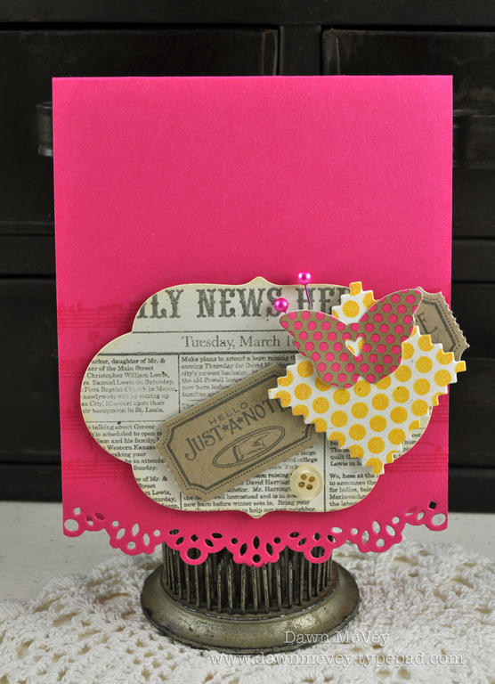 Paper: rustic cream, kraft, raspberry fizz, Dotty Biscotti<br />
Stamps: Background Basics:...