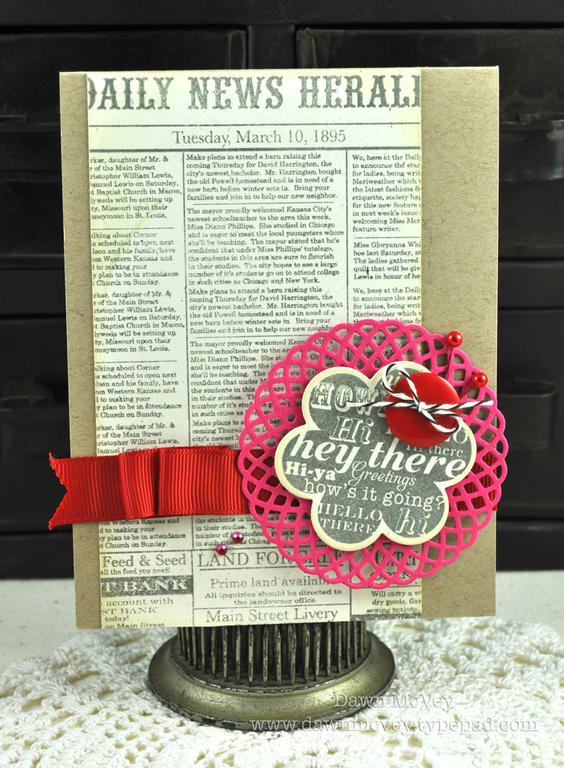 Paper: rustic cream, kraft, raspberry fizz<br />
Stamps: Background Basics: Newsprint, Hello,...