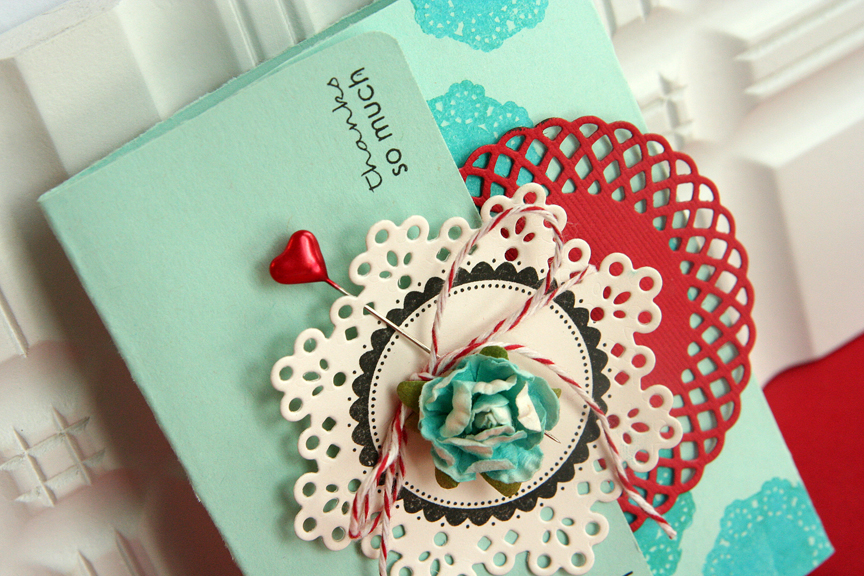 {Thanks so much card}<br />
<br />
    * STAMPS: NEW Delightful Doilies, NEW Tag Its #1...