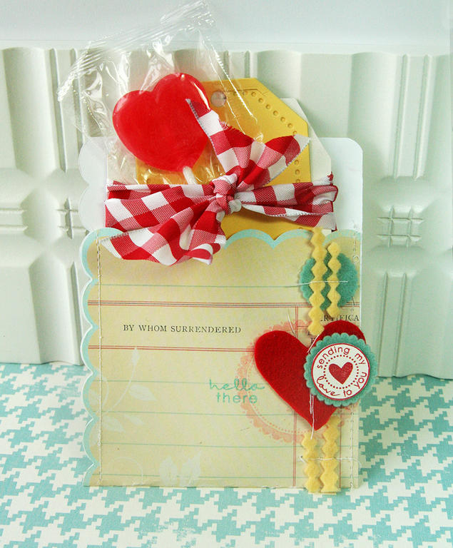 Sending My Love to You pocket card:<br />
<br />
* Stamps: Tag Its #1<br />
* Ink: Sweet...