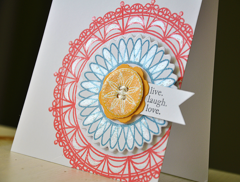 Stamp: Delightful Doilies<br />
Ink: Berry Sorbet, Summer Sunrise, True Black &amp; Stormy Sky...