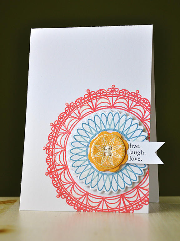Stamp: Delightful Doilies<br />
Ink: Berry Sorbet, Summer Sunrise, True Black &amp; Stormy Sky...