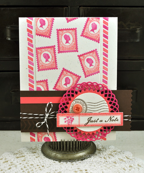 Paper: rustic cream, dark chocolate, berry sorbet, raspberry fizz<br />
Stamps: Postmarks,...