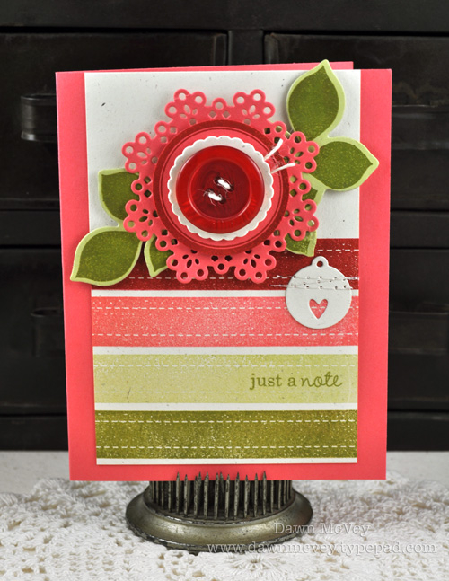 Paper: rustic cream, berry sorbet, spring moss<br />
Stamps: Ribbon Tails, Label Basics,...