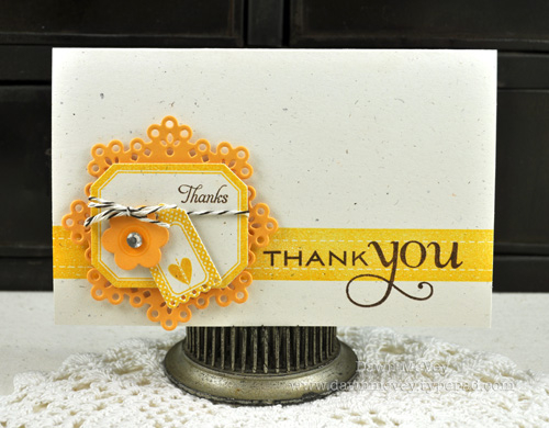 Paper: rustic cream, summer sunrise<br />
Stamps: Tiny Tags, Label Basics, Think Big Favorites...
