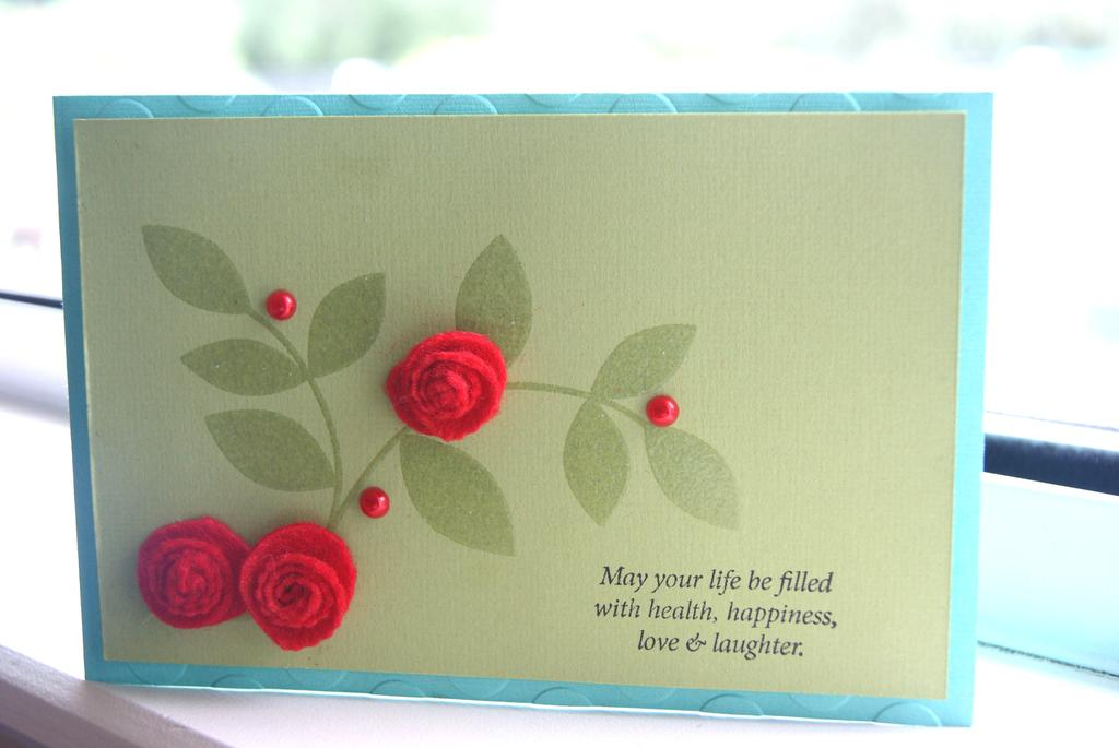 Card reads: May your life be filled with health, happiness, love and laughter<br />
Stamps: PTI...