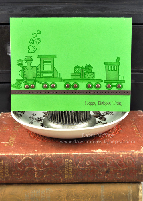 Paper: new leaf, dark chocolate<br />
Stamps: Train Tracks<br />
Ink: versamark, dark...
