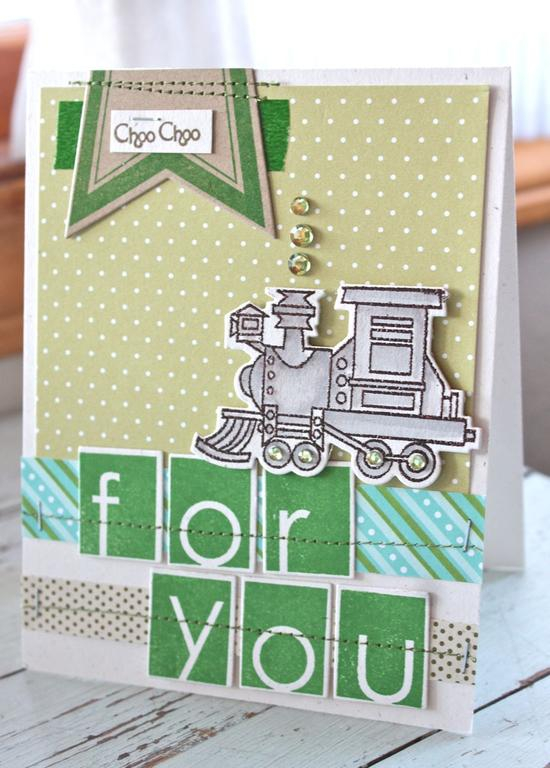 Stamps:Train Tracks, Alpha-blocks, Ad Sense<br />
Ink:non PTI green, Dark Chocolate<br />...