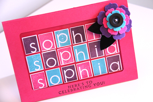Sophia Sticker Card:<br />
<br />
Stamps: Alpha-blocks, Inside/Out: Birthday, Beautiful Blooms...