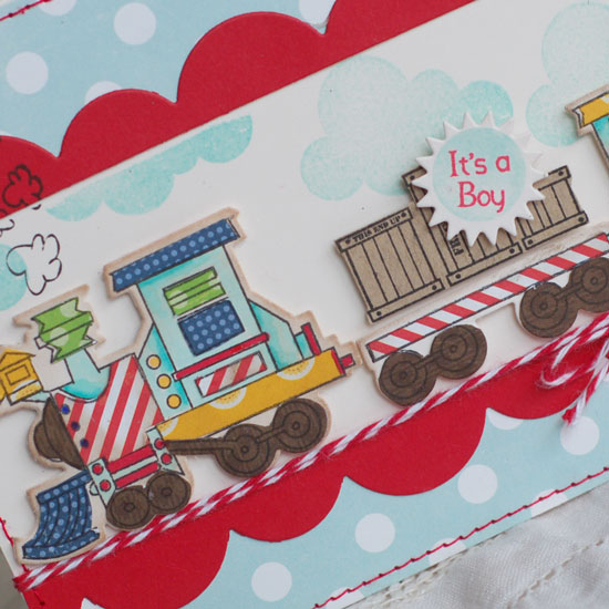 Stamps:  Train Tracks, Up, Up and Away, Polka Dot Basics<br />
Ink:  True Black, Aqua Mist,...