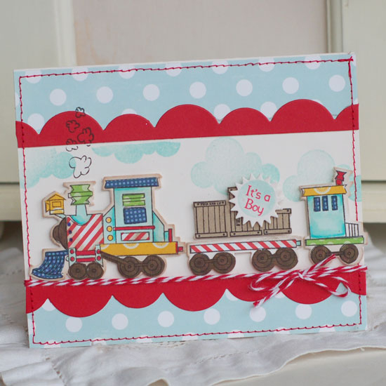 Stamps: Train Tracks, Up, Up and Away, Polka Dot Basics<br />
Ink: True Black, Aqua Mist, Pure...