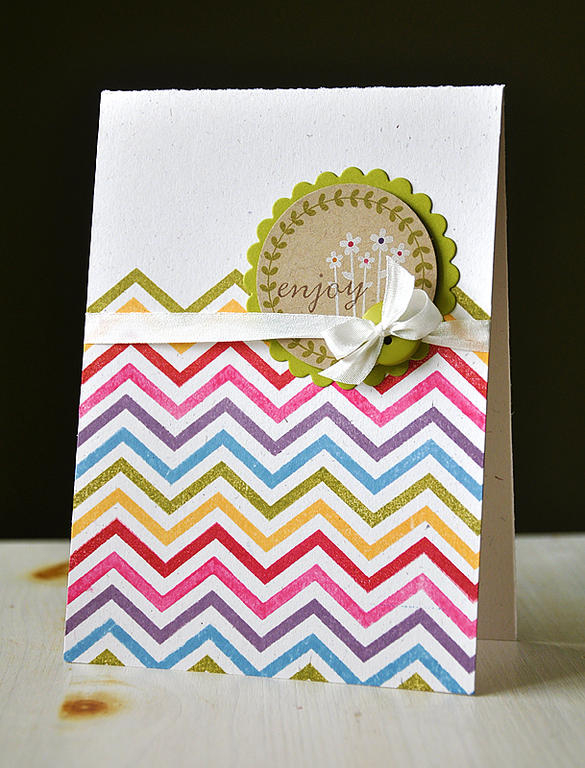Stamps: Background Basics: Chevron Stripes &amp; Tag-it's #3<br />
Ink: Fresh Snow, Ripe...