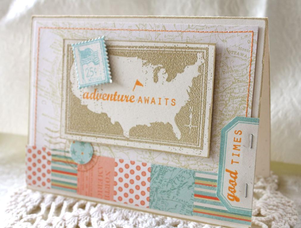 Stamps:Road Trip, Label Basics<br />
Ink:non PTI orange, Versamark, Tea Dye ink duo<br />...
