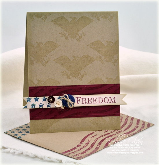 Stamps: Est. 1776<br />
Cardstock: Kraft, Scarlet Jewel, Vintage Cream<br />
Ink: Scarlet...