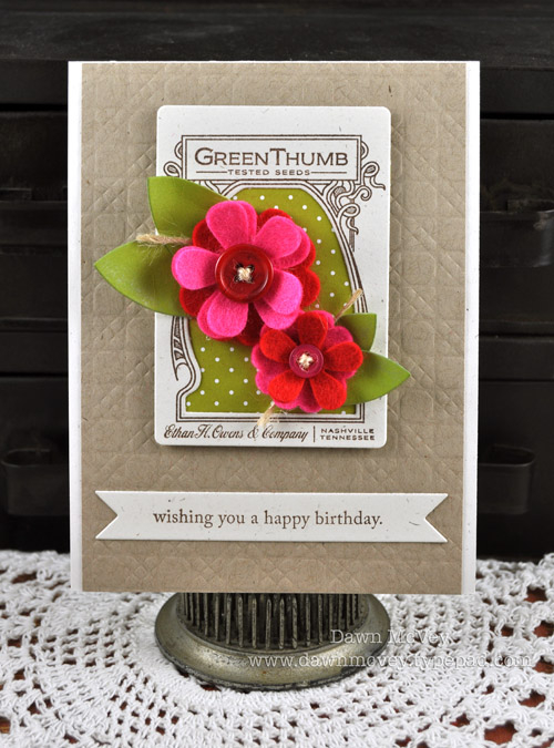 Paper: rustic cream, kraft, simply chartreuse, 2009 Bitty Dot Basics<br />
Stamps: Garden...