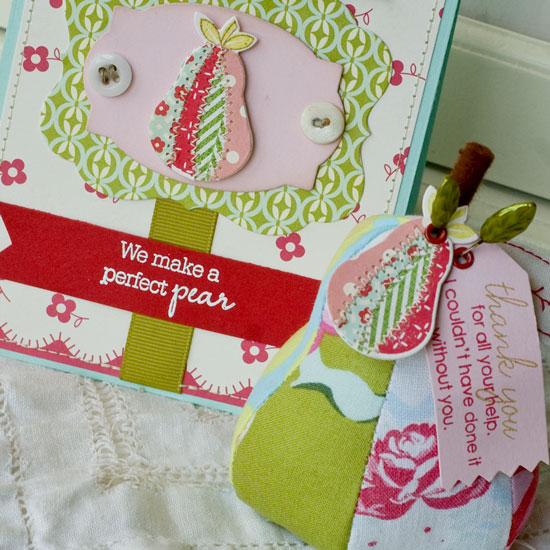 Stamps:  Fruit Fusion: Pear, Inside and Out: Thank You<br />
Ink:  Pure Poppy, Ripe Avocado,...