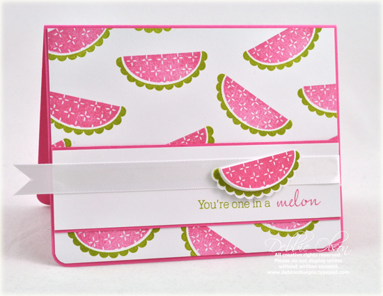 Stamps: Fruit Fusion: Melon<br />
Cardstock: Stampers Select White, Hibiscus Burst<br />
Ink:...