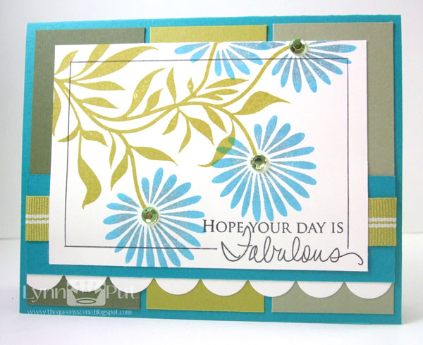 Supplies: Four of a Kind, Signature Greetings, Ribbon, Rhinestones, Scallop border die.<br />...