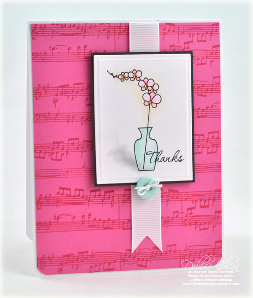Stamps: Gracious Vases, Background Basics: Sheet Music<br />
Cardstock: Stampers Select White,...