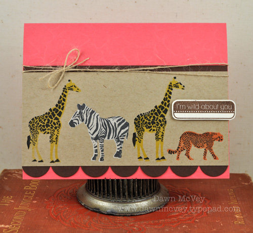 Paper: rustic cream, kraft, dark chocolate, berry sorbet<br />
Stamps: It's a Jungle Out...