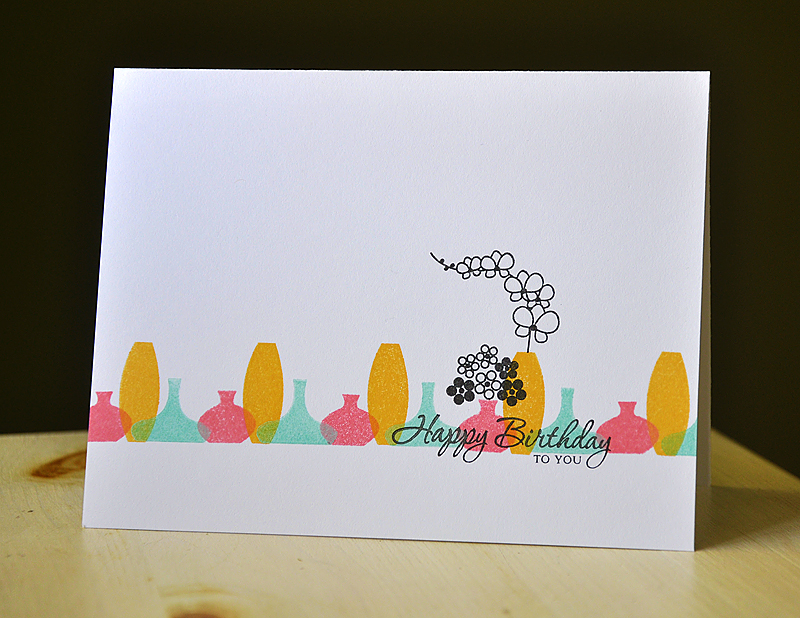 Stamps: Gracious Vases<br />
Ink: True Black, Aqua Mist, Berry Sorbet &amp; Summer Sunrise<br...