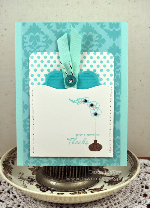 Paper: vintage cream, aqua mist, hawaiian shores, Damask Designs<br />
Stamps: Gracious Vases,...
