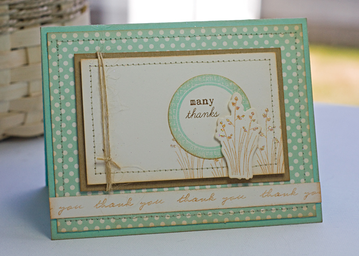 * Stamps- Peaceful Garden, Tag-Its #6<br />
    * Ink- Dark Chocolate, Aqua Mist, Creamy...
