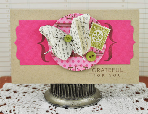 Paper: rustic cream, kraft, raspberry fizz, Sweet Symphony, vintage book print<br />
Stamps:...