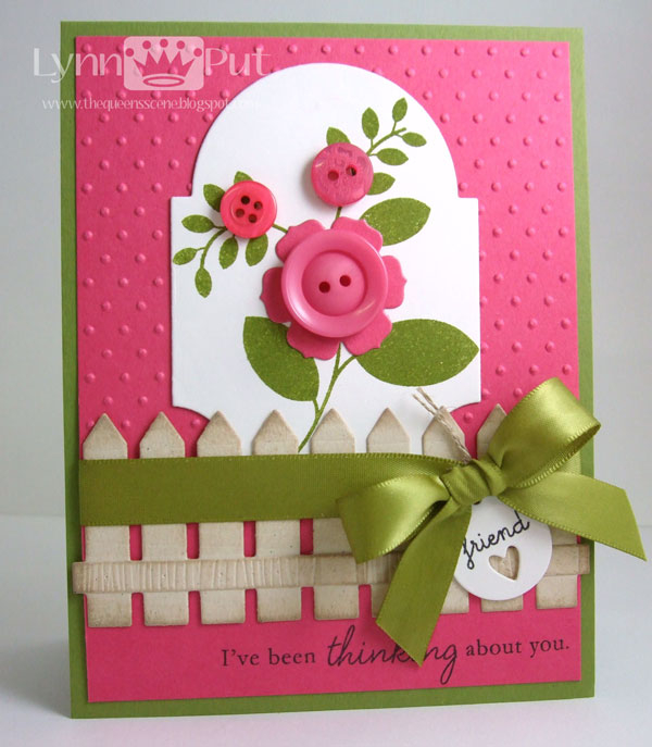 Supplies: Blooming Button Bits, Mat Stack Die, Picket Fence Die, Ribbon, Tiny Tags Die, Polka...