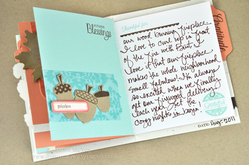 Paper: rustic cream, kraft, aqua mist, damask designs<br />
Stamps: Gratitude Journal, Autumn...