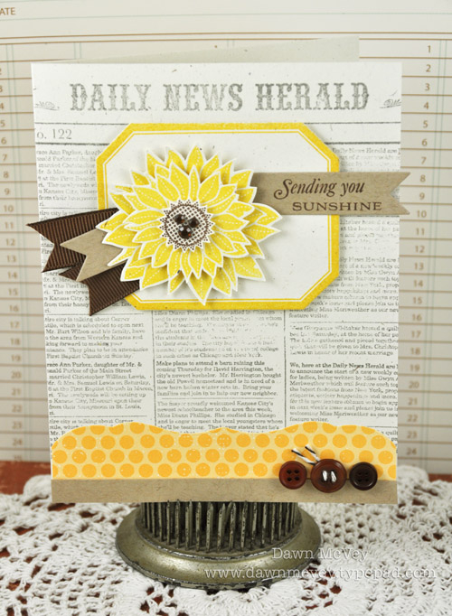 Paper: rustic cream, kraft, distressed dots<br />
Stamps: Simple Sunflower, Background Basics:...