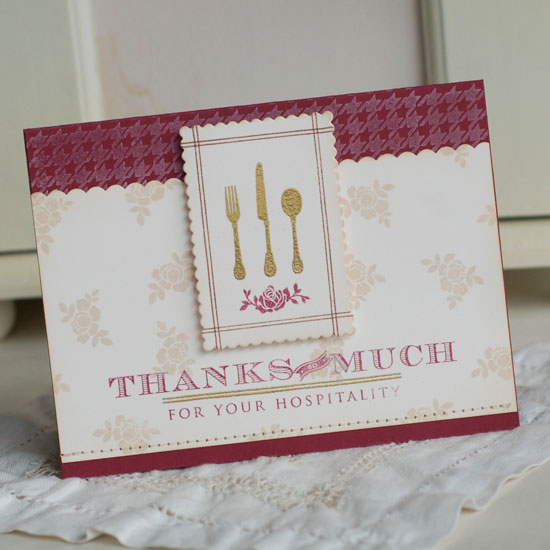 Stamps:  Table Service, Background Basics: Houndstooth<br />
Ink:  Scarlet Jewel, Vintage...