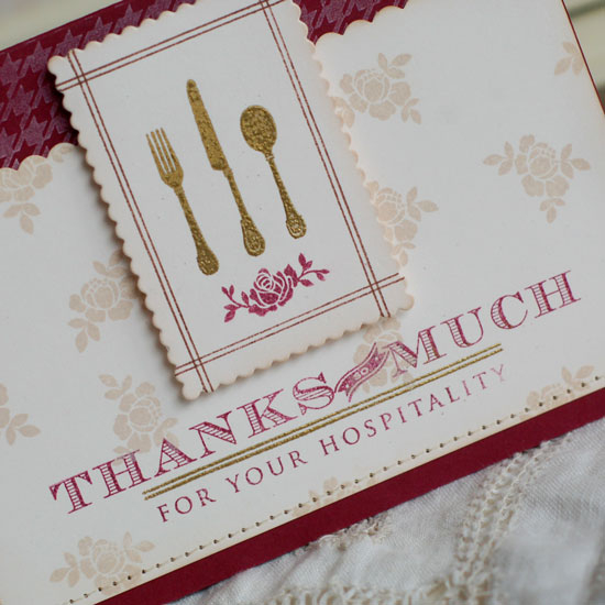 Stamps:  Table Service, Background Basics: Houndstooth<br />
Ink:  Scarlet Jewel, Vintage...