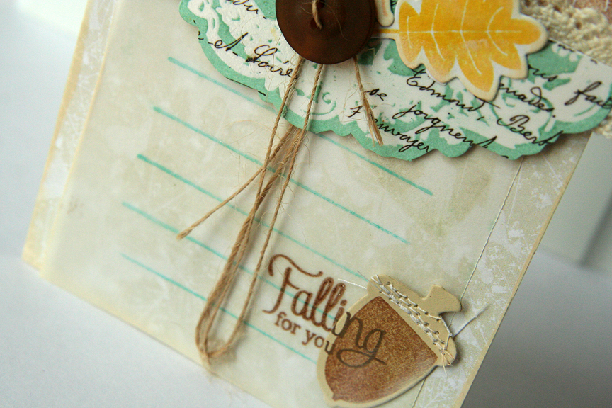 Stamps: Autumn Acorns, Gratitude Journal (lines)<br />
Ink: brown- Ranger, Aqua Mist on tag...