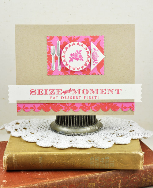 Paper: kraft, rustic cream, damask designs<br />
Stamps: Table Service<br />
Ink: pure poppy,...