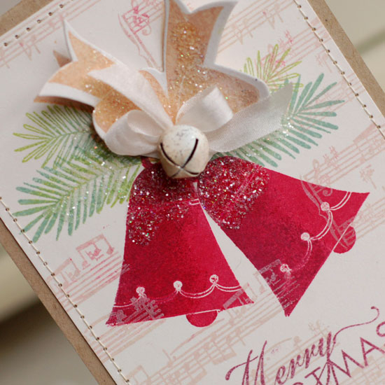 Stamps:  Bells &amp; Boughs, Background Basics:  Sheet Music<br />
Ink:  Scarlet Jewel, Pure...