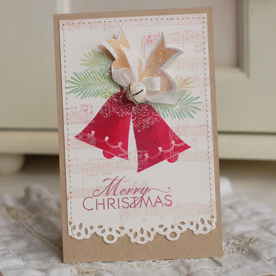 Stamps:  Bells &amp; Boughs, Background Basics:  Sheet Music<br />
Ink:  Scarlet Jewel, Pure...