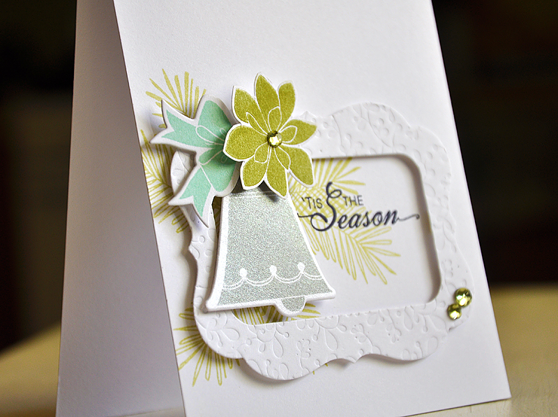 Stamps: Bells &amp; Boughs<br />
Ink: Spring Moss, Smoky Shadow, Simply Chartreuse, Aqua Mist...