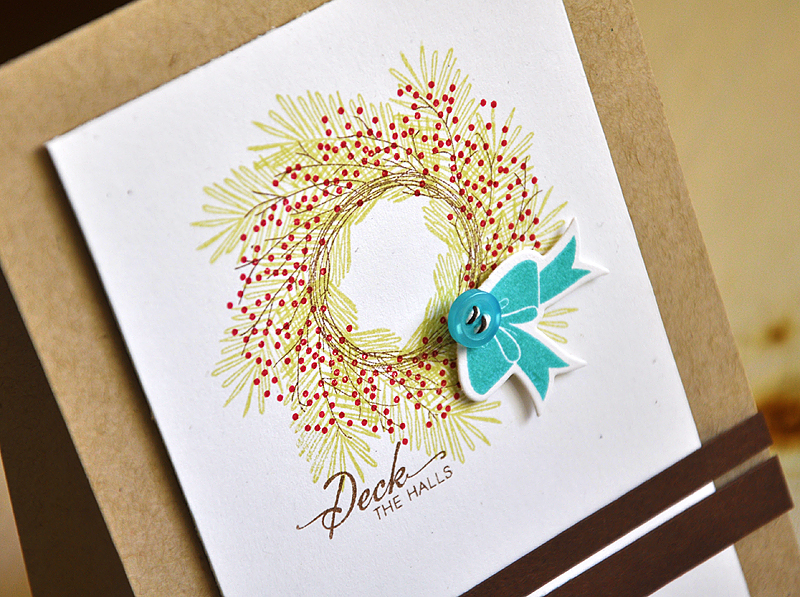 Stamps: Wreath For All Seasons and Bells &amp; Boughs<br />
Ink: Dark Chocolate, Spring Moss,...