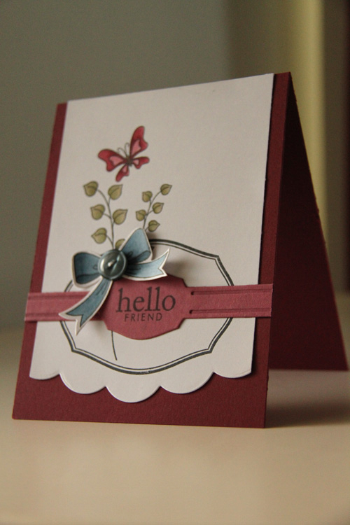 Hello Friend<br />
<br />
Stamps: Flutterby Friends, Bells &amp; Boughs, Mat Stack 1...