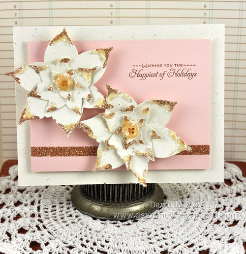 Paper: rustic cream, sweet blush<br />
Stamps: Christmas Poinsettia<br />
Ink: dark...