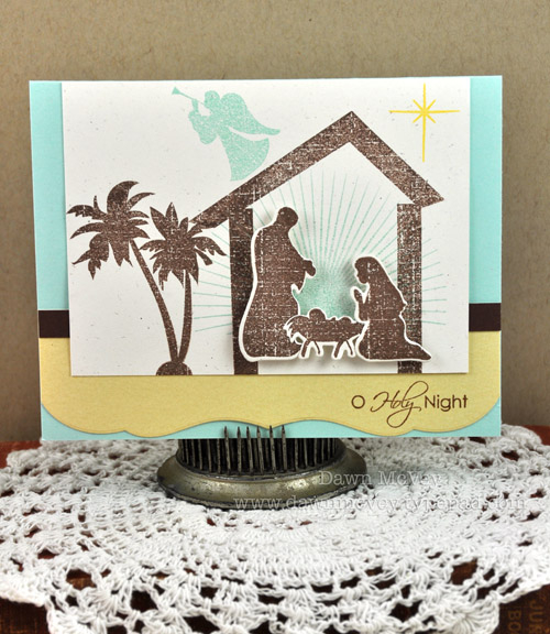Paper: rustic cream, dark chocolate, aqua mist, gold shimmer<br />
Stamps: Nativity...